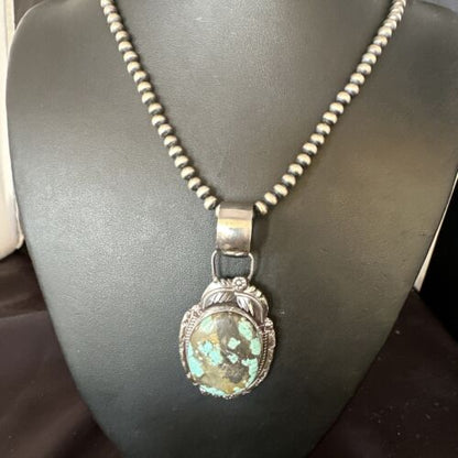Men's Blue #8 Turquoise Pendant Necklace | Navajo Sterling Silver | Authentic Native American Handmade | 14974