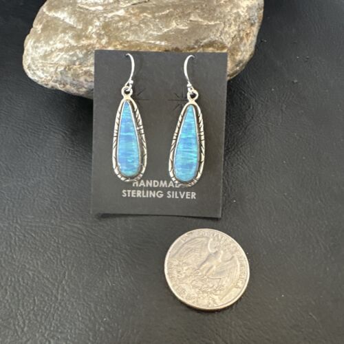 New Blue Opal Inlay Dangle Earrings | Sterling Silver | Authentic Native American Handmade | 16548