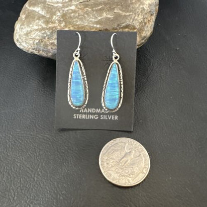 New Blue Opal Inlay Dangle Earrings | Sterling Silver | Authentic Native American Handmade | 16548