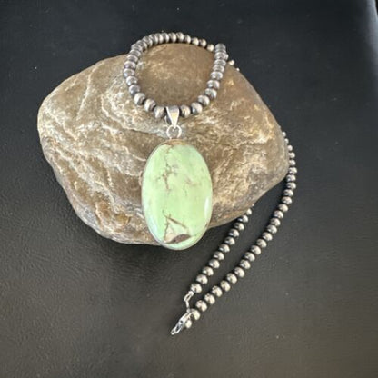 Navajo Green Gaspeite Pendant Necklace | Sterling Silver | Authentic Native American Handmade | 15487