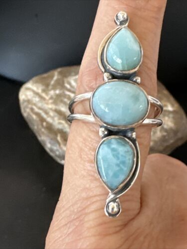 Navajo Women's Cluster Blue Larimar Multi-Stone Ring | Authentic Native American Sterling Silver | Sz 8.5 | 16164
