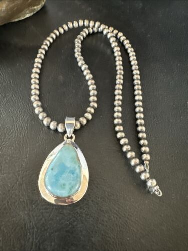 Navajo Blue Larimar Pendant Necklace | Sterling Silver Beads | Authentic Native American Handmade | 17602