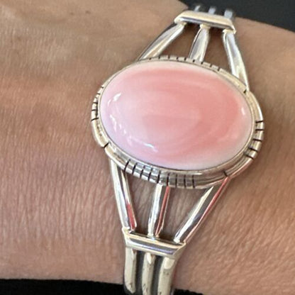 Navajo Pink Conch Cuff Bracelet | Sterling Silver | Authentic Native American Handmade | 16121