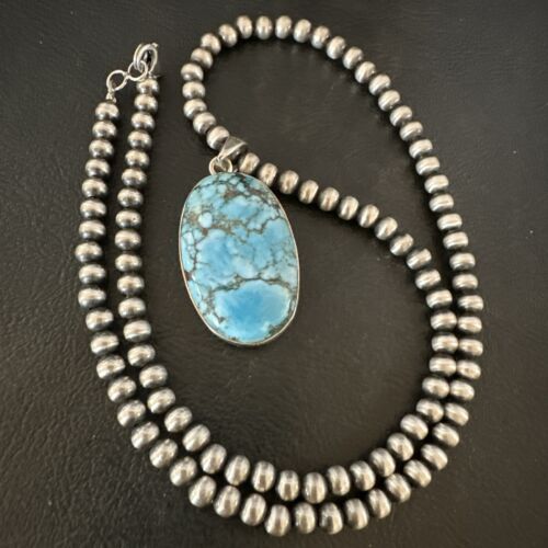 Navajo Blue Spiderweb Turquoise Pendant Necklace | Sterling Silver | Authentic Native American Handmade | 17027