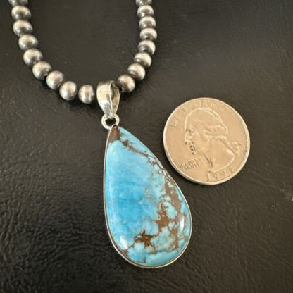 Navajo Blue Spiderweb Turquoise Pendant Necklace | Sterling Silver | Authentic Native American Handmade | 17029