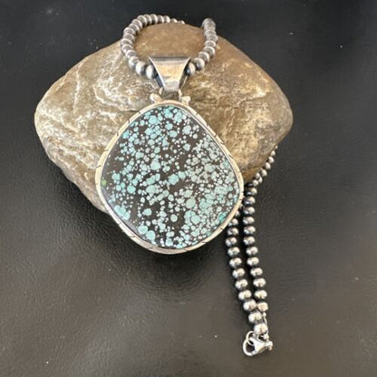 Men's Navajo Blue Spiderweb Turquoise Pendant Necklace | Sterling Silver | Authentic Native American Handmade | 16233