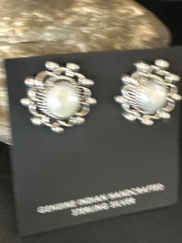 Navajo White Pearl Post Stud Earrings | Sterling Silver | Authentic Native American Handmade | 15329