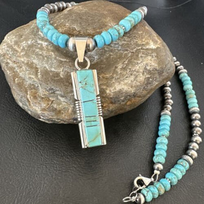 Navajo Turquoise #8 Inlay Pendant Necklace | Sterling Silver | Authentic Native American Handmade | 17055