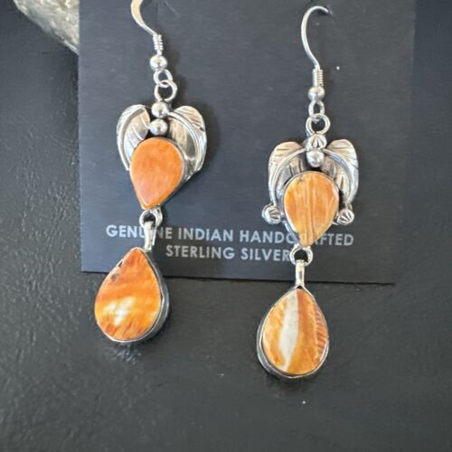Navajo Orange Spiny Oyster Dangle Earrings | Sterling Silver | 1.5" | Authentic Native American Handmade | 16569