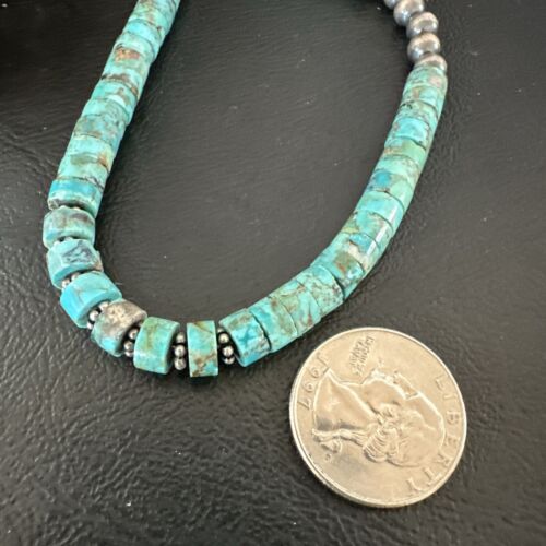 Navajo Blue Turquoise Heishi Bead Necklace | Sterling Silver | 21" | Authentic Native American Handmade | 17257