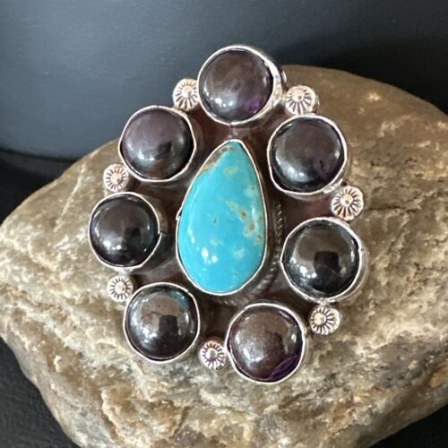 Navajo Blue Kingman Turquoise and Sugilite Cluster Ring | Authentic Native American Sterling Silver | Multi-Stone | Sz 9.5 | 16771