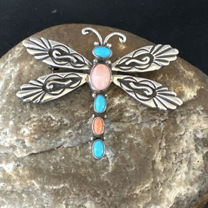Navajo Dragonfly Pin Pendant | Blue Turquoise & Coral | Sterling Silver | Authentic Native American Handmade | 15236