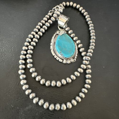 Men's Blue Kingman Turquoise Pendant Necklace | Navajo Pearls | Sterling Silver | 16019