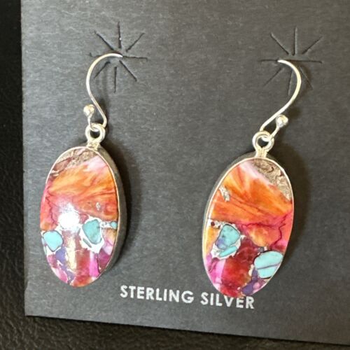 Navajo Blue Turquoise Red Spiny Oyster Inlay Dangle Earrings | Sterling Silver | Authentic Native American Handmade | 15562 - Masha USA