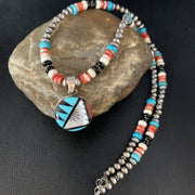 Zuni Multi-Color Turquoise Onyx Necklace with Inlay Pendant | Sterling Silver | 13565