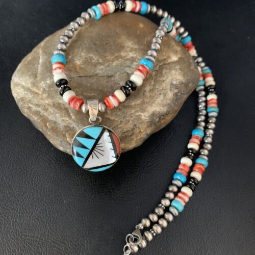 Zuni Multi-Color Turquoise Onyx Necklace with Inlay Pendant | Sterling Silver | 13565