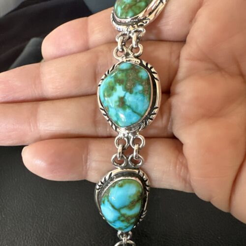 Navajo Green Sonoran Gold Turquoise 6-Stone Link Bracelet | Sterling Silver | Authentic Native American Handmade | 16373