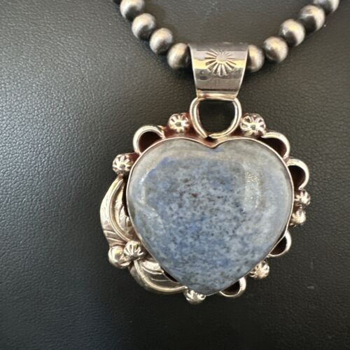 Men's Blue Heart Denim Lapis Pendant Necklace | Navajo Pearls | Sterling Silver | 15524