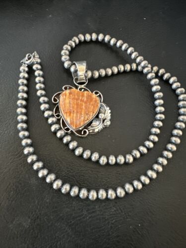 Navajo Orange Spiny Oyster Heart Pendant Necklace | Sterling Silver | Authentic Native American Handmade | 16420