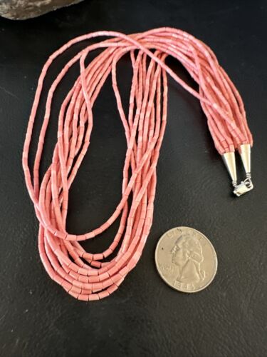 Pink Conch Tube Heishi Bead Necklace | 10 Strand Navajo Sterling Silver | 19" | 15086