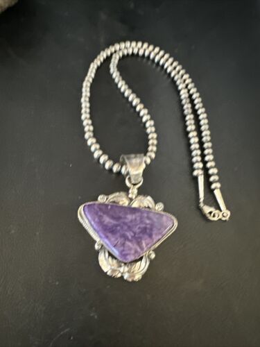 Navajo Pearls Necklace with Purple Charoite Pendant | Sterling Silver | Authentic Native American Handmade | 14883