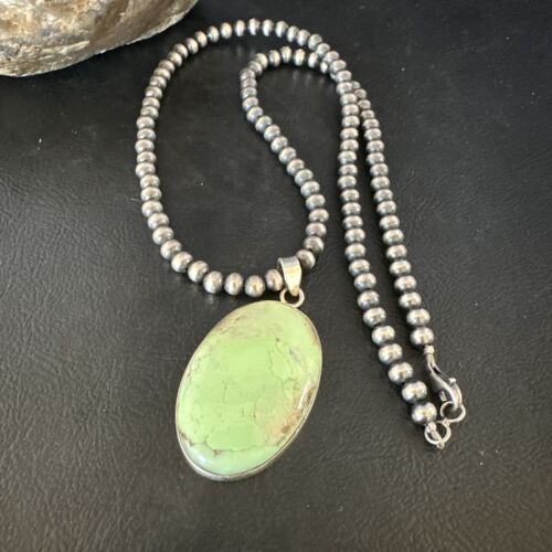 Navajo Green Gaspeite Pendant Necklace | Sterling Silver | Authentic Native American Handmade | 15490