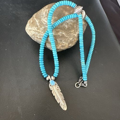 Men's Blue Turquoise Navajo Necklace | Sterling Silver Feather Opal Pendant | Native American Handmade | 17438
