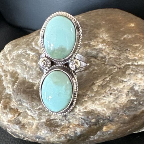 Navajo Blue Dry Creek Turquoise 2 Stone Ring | Authentic Native American Sterling Silver | Multi-Stone | Sz 9 | 16736