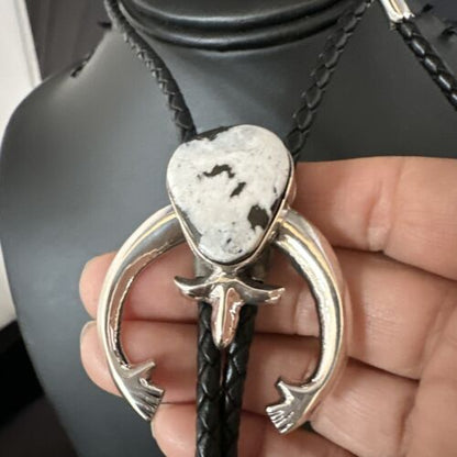 Men's Naja White Buffalo Turquoise Bolo Tie | Navajo Sterling Silver | Authentic Native American Handmade | 15275 - Masha USA