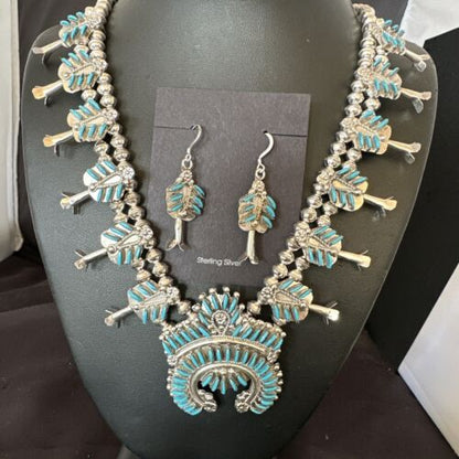 Zuni Turquoise Squash Blossom Necklace with Naja Earrings | Sterling Silver Needlepoint | 16540