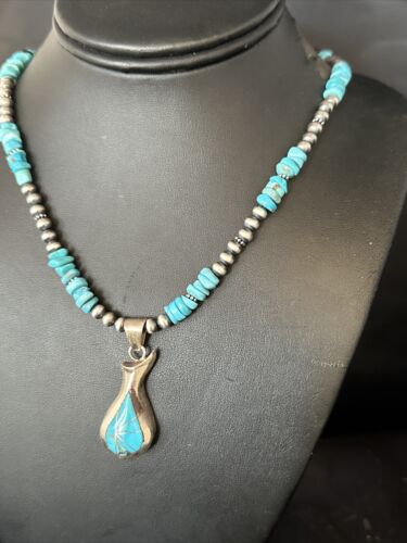Navajo Kingman Turquoise Pendant Necklace | Sterling Silver | Native American Handmade | 14831