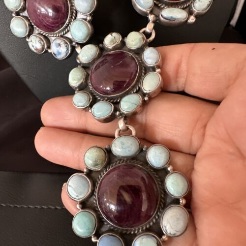 Navajo Turquoise Purple Spiny Cluster Lariat Necklace Pendant | Golden Hills | Authentic Native American Handmade | 16190