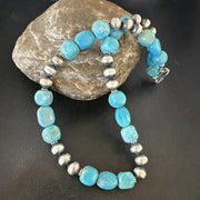 Navajo Blue Turquoise Nugget Necklace | Sterling Silver Pearls | Authentic Native American Handmade | 16" | 16655