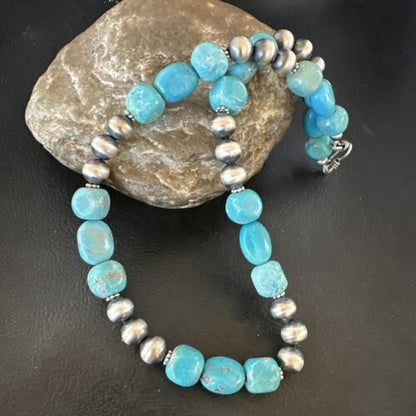 Navajo Blue Turquoise Nugget Necklace | Sterling Silver Pearls | Authentic Native American Handmade | 16" | 16655