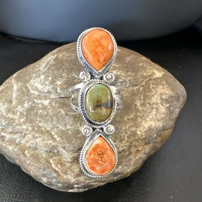 Navajo Green Turquoise Spiny Oyster Multi-Stone Ring | Authentic Native American Sterling Silver | Sz 10 | 16714