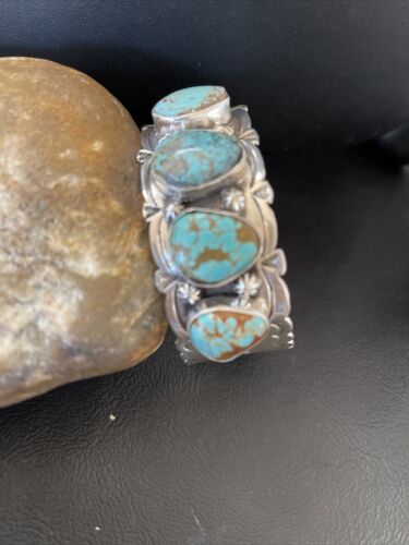 Navajo Blue #8 Turquoise Cuff Bracelet | Sterling Silver | 5 Stones | Authentic Native American Handmade | 01884