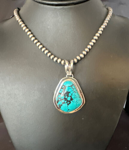 Men's Blue Spiderweb Turquoise Pendant Necklace | Navajo Sterling Silver | Authentic Native American Handmade | 14972