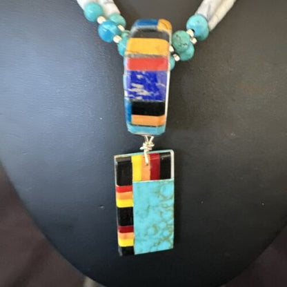 Santo Domingo Multi-Color Turquoise Necklace with Inlay Pendant | Sterling Silver | 24" | 16857 - Masha USA