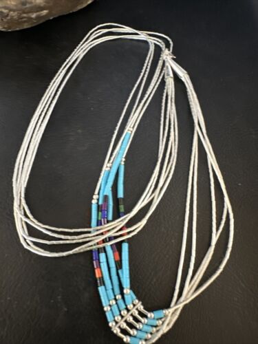 Multi-Color Liquid Silver Heishi Necklace | 5-Strand Sterling Tubes | 22" | 15047