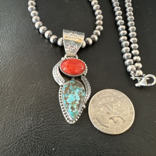 Navajo Blue Turquoise Red Spiny Oyster Pendant Necklace | Sterling Silver | Multi-Stone | 16290 - Masha USA