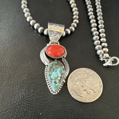Navajo Blue Turquoise Red Spiny Oyster Pendant Necklace | Sterling Silver | Multi-Stone | 16290 - Masha USA
