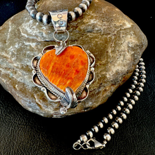 Navajo Orange Spiny Oyster Heart Pendant Necklace | Sterling Silver | Authentic Native American Handmade | 16298