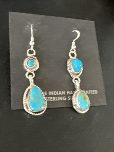 Kingman Turquoise Dangle Earrings | Navajo Handmade | Sterling Silver | Authentic Native American | 14867