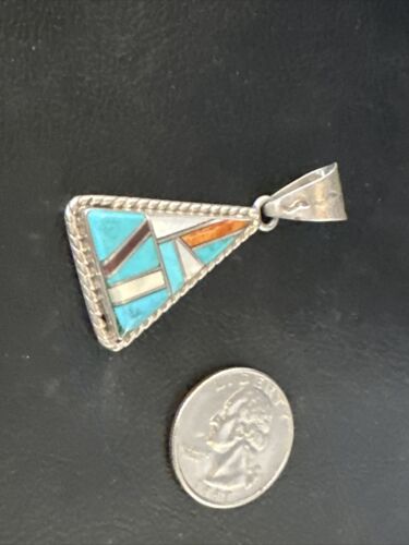 Navajo Blue Turquoise Spiny Mother of Pearl Inlay Pendant | Sterling Silver | Authentic Native American Handmade | 15195