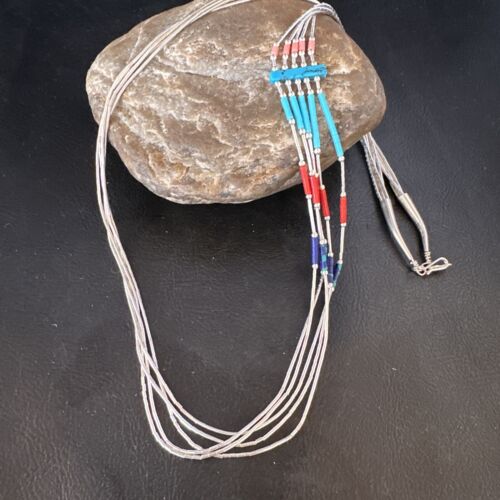 Multi-Color Liquid Silver Heishi 5-Strand Necklace | Sterling Tubes | 25" | 15055