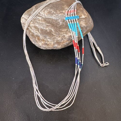 Multi-Color Liquid Silver Heishi 5-Strand Necklace | Sterling Tubes | 25" | 15055