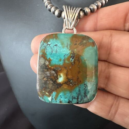 Navajo Blue Spiderweb Turquoise Pendant | Sterling Silver Necklace with Pearls | Authentic Native American Handmade | 15569