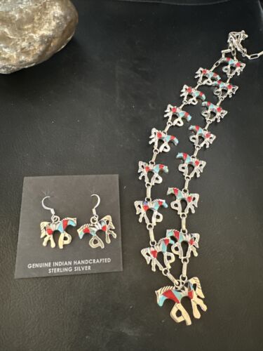 Navajo Turquoise Coral Mother of Pearl Horse Inlay Necklace & Earrings Set | Sterling Silver | Authentic Native American Handmade