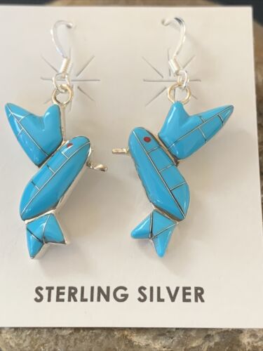 Navajo Blue Turquoise Hummingbird Earrings | Sterling Silver | 1" | Authentic Native American Handmade | 01424