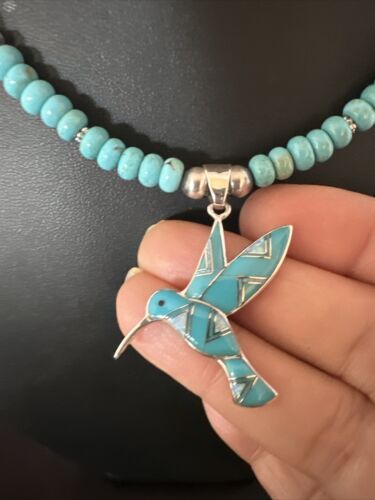 Navajo Turquoise Opal Hummingbird Inlay Pendant | Sterling Silver Necklace | Authentic Native American Handmade | 16844